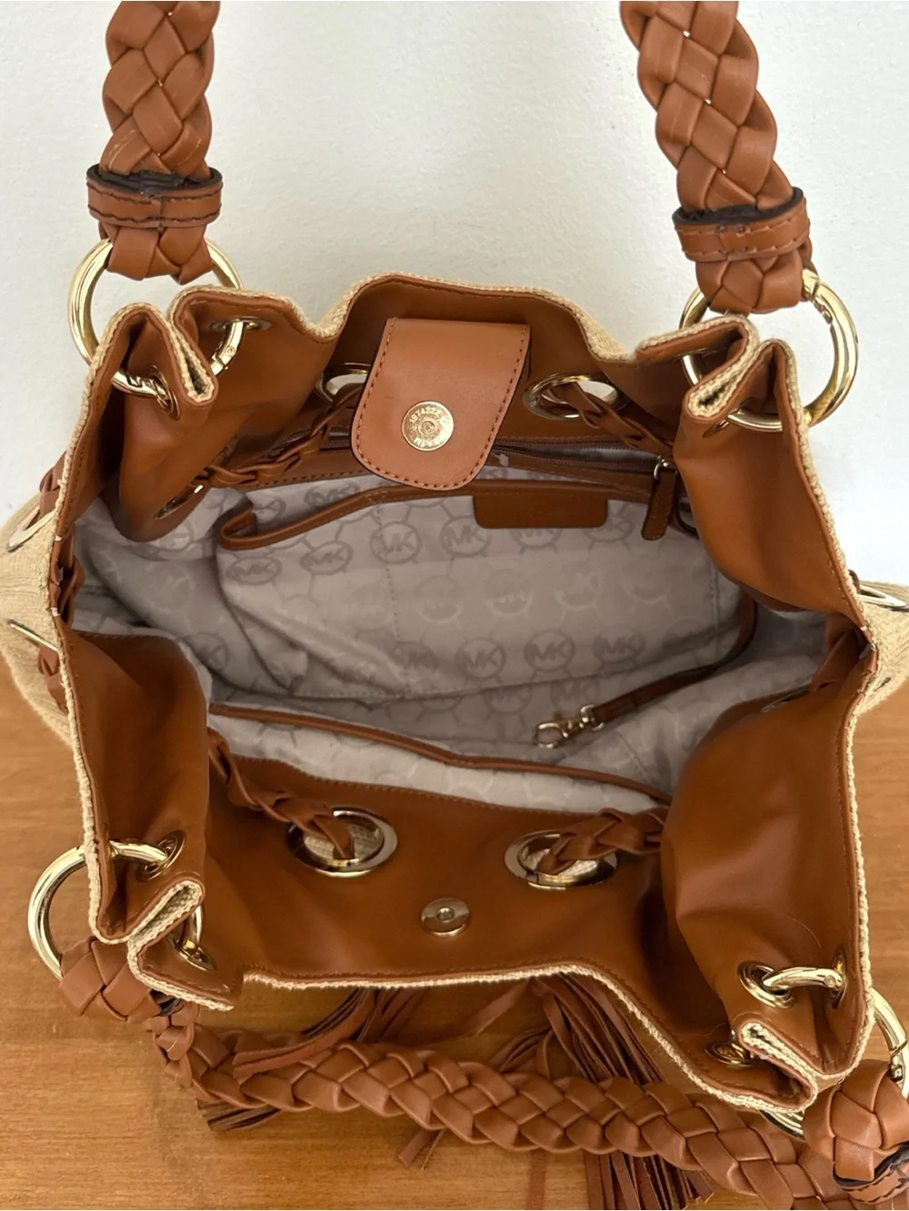 Michael Kors Large Braided Raffia Shoulder Bag in Natural/Tan